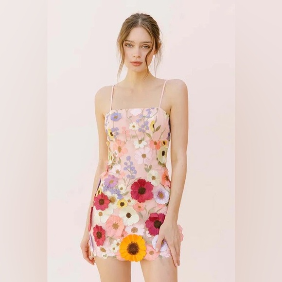 Storia Multi Floral Appliqué Mini Dress - Pink andYellow  NEW w/Tags!! - Picture 5 of 5